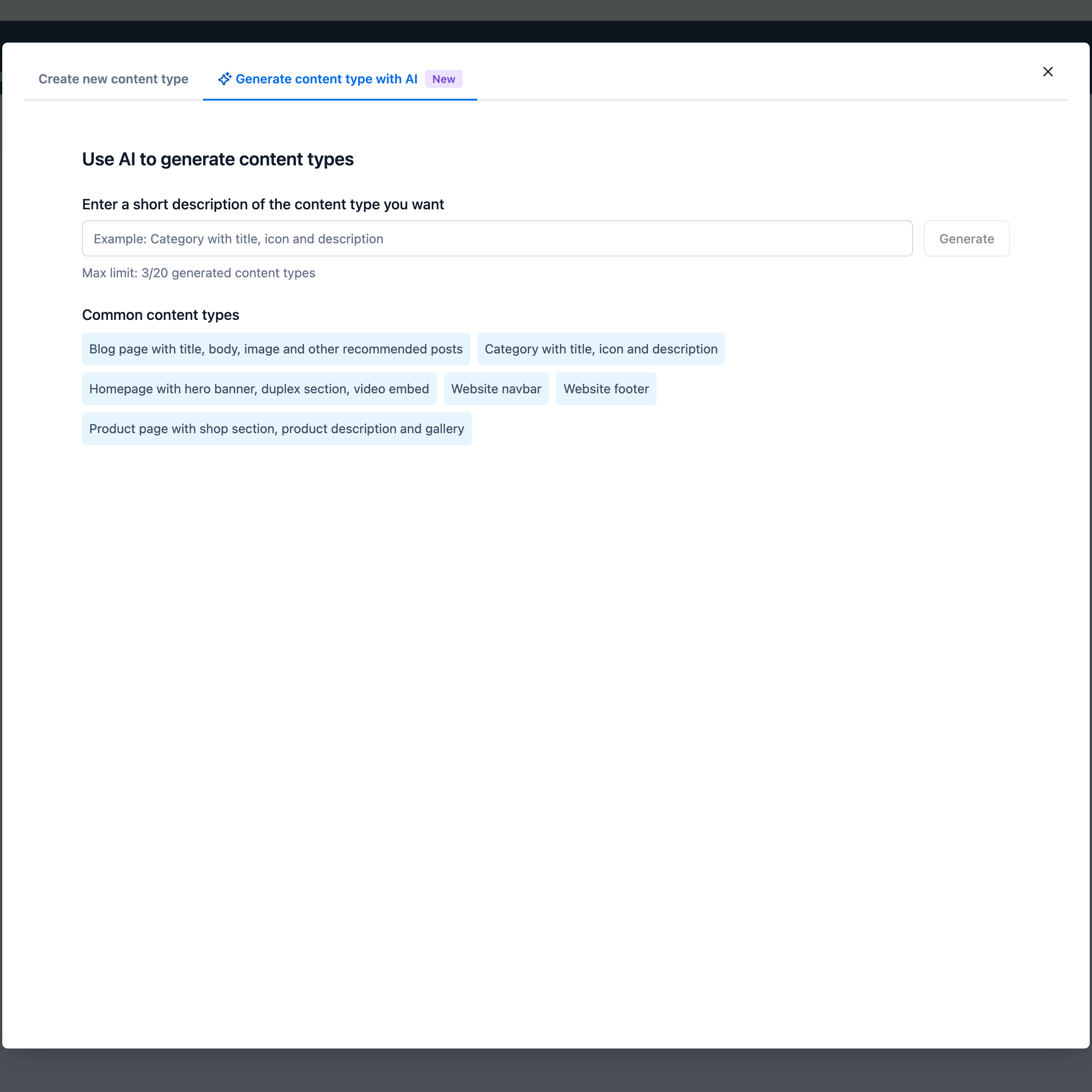 The user signs into Contentful, navigates to the Content Model and selects “Generate content type with AI”.
