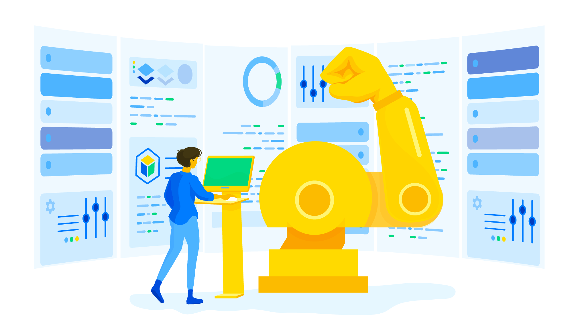 Illustration of a robot arm flexing as a digital builder arranges content